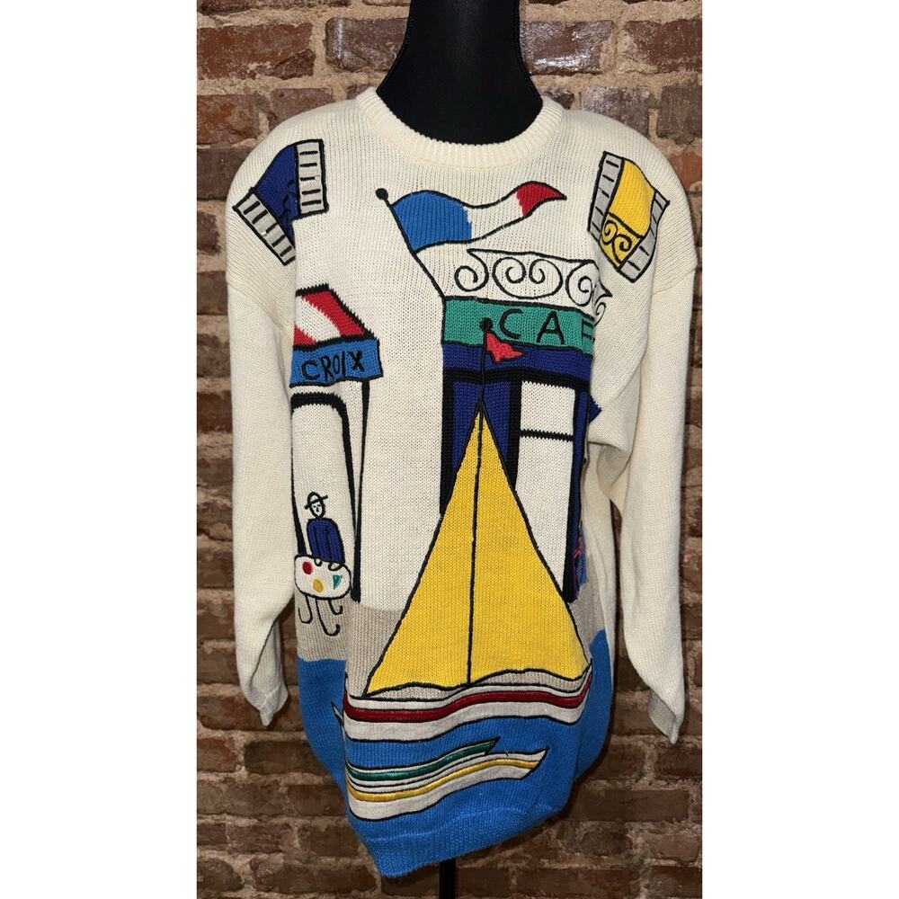 Vintage 1989 I.B. Diffusion Saint Croix Harbor Nautical Knit Sweater M Novelty - Picture 2 of 8